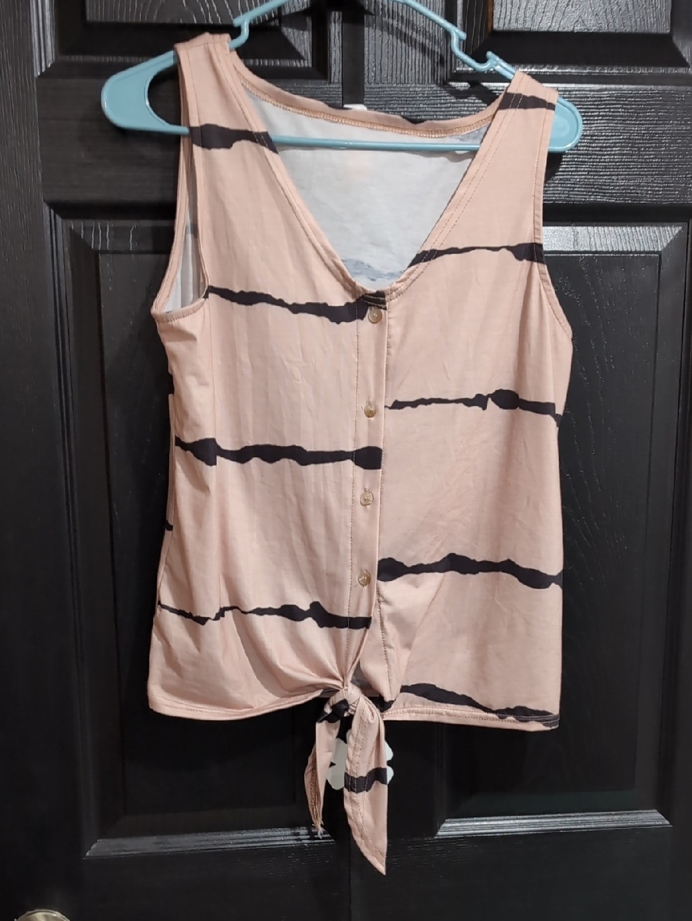 Sleeveless Pink Tie-Front Button Tank Top with Black Stripe Detail